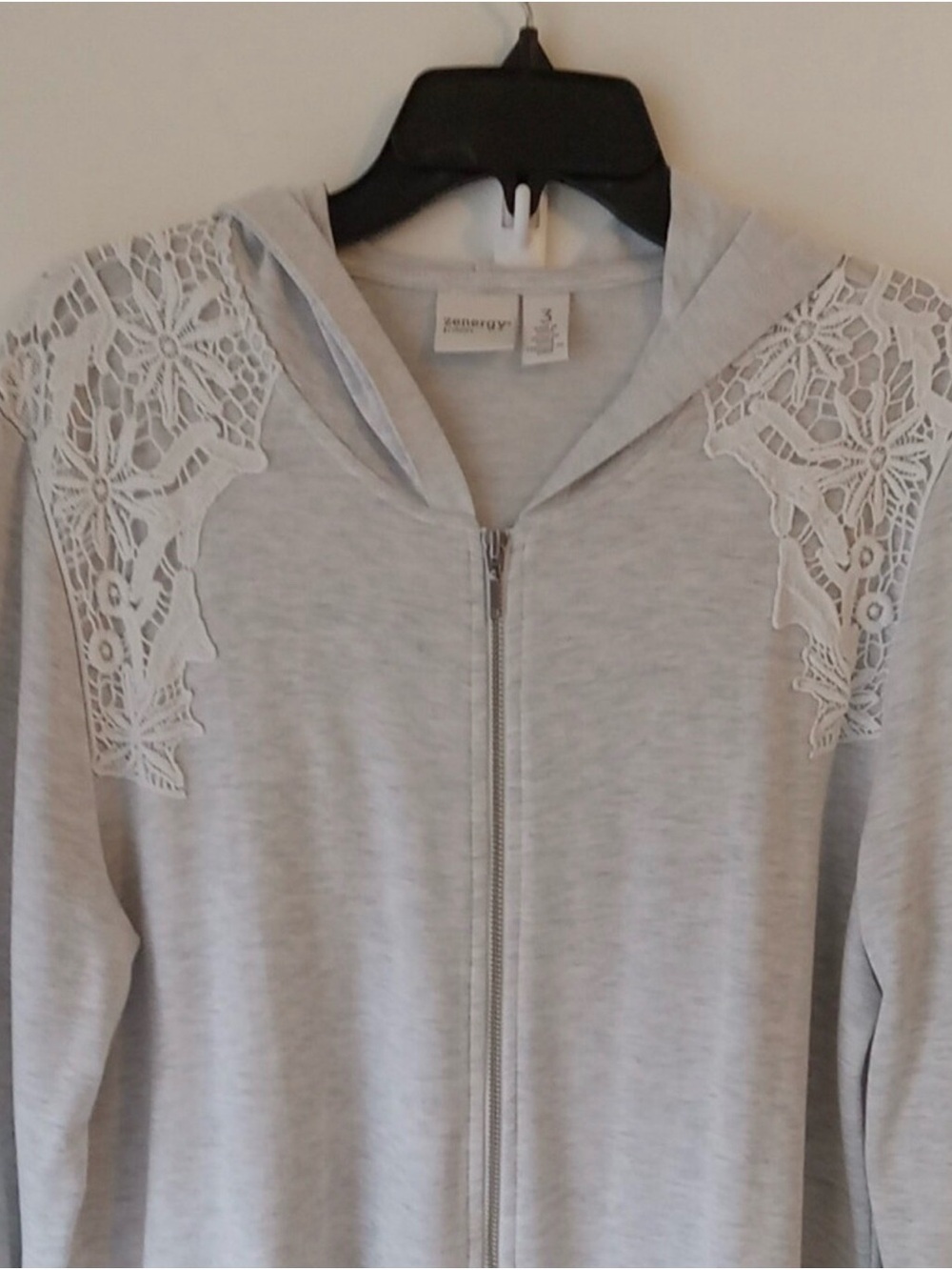 Chico's Light Gray Lace-Shoulder Zip Hoodie